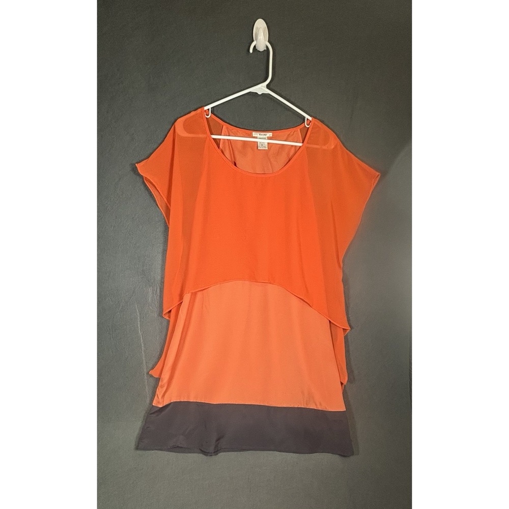 Esley Dress Womens M Orange Sheer Layered High Low Hem Short Sleeve Tunic